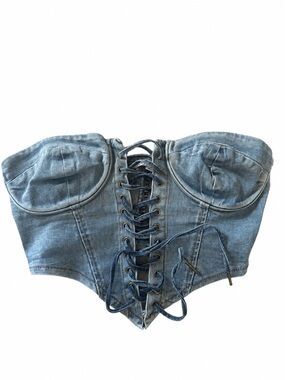 Fashion Nova Denim Lace-Up Corset Crop Top - Blue